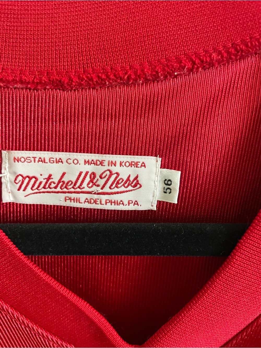 Mitchell & Ness Red Jersey Neckline with White Script Label - Picture 3 of 6